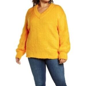 BP. Women's Fuzzy V-Neck Tunic Pullover Sweater In Orange Slice 1X MSRP $49